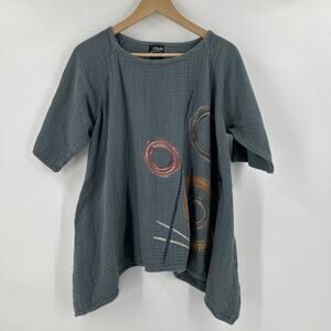 Zumi Tunic Top Blue Womens L/XL Gauze Cotton Lagenlook Artsy Geometric